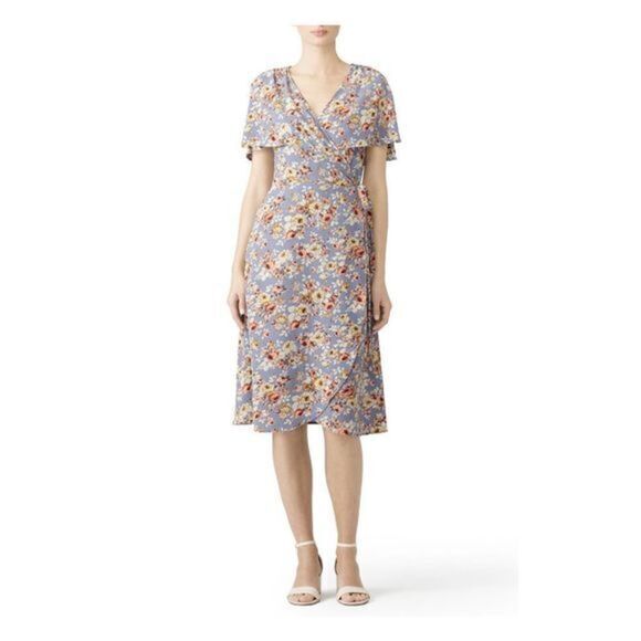 SLATE & WILLOW Blue Floral Midi Wrap Dress - Picture 1 of 4